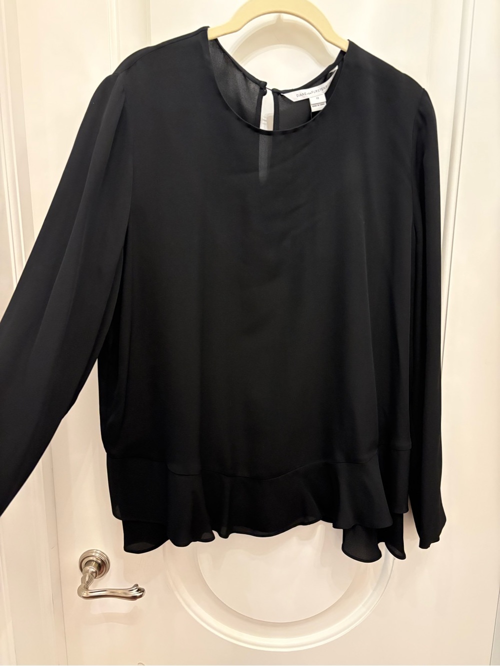 Diane Von Furstenberg Black Long-Sleeve Ruffle-Hem Blouse